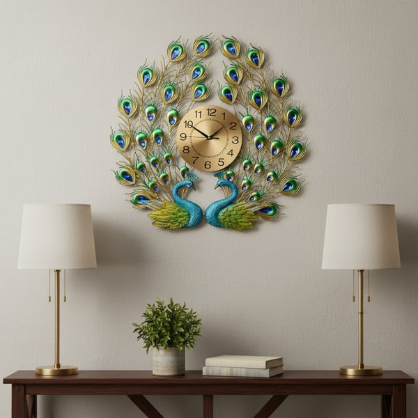 HomeRoots 25" Peacock-Inspired Metal Wall Clock in Vibrant Blue, Green & Gold - Silent Quartz Movement Decor 626373