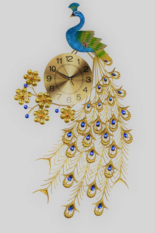 HomeRoots 21" Peacock Wall Clock - Elegant Blue Green Gold Metal Design with Silent Sweep Movement for Home Decor 626374