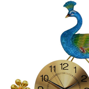 HomeRoots 21" Peacock Wall Clock - Elegant Blue Green Gold Metal Design with Silent Sweep Movement for Home Decor 626374