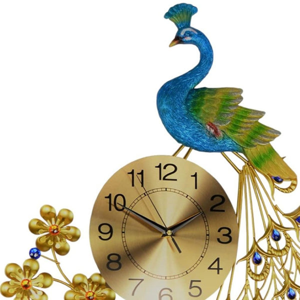 HomeRoots 21" Peacock Wall Clock - Elegant Blue Green Gold Metal Design with Silent Sweep Movement for Home Decor 626374