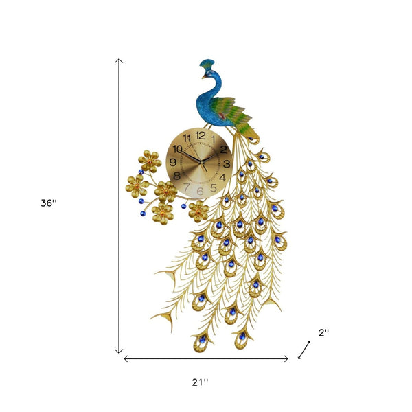HomeRoots 21" Peacock Wall Clock - Elegant Blue Green Gold Metal Design with Silent Sweep Movement for Home Decor 626374