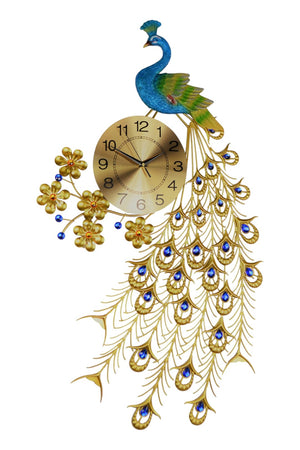 HomeRoots 21" Peacock Wall Clock - Elegant Blue Green Gold Metal Design with Silent Sweep Movement for Home Decor 626374