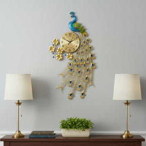 HomeRoots 21" Peacock Wall Clock - Elegant Blue Green Gold Metal Design with Silent Sweep Movement for Home Decor 626374