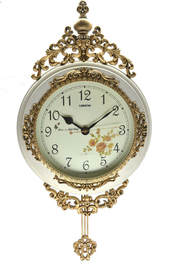 HomeRoots 15" Elegant Ivory and Gold Resin Silent Pendulum Wall Clock - Timeless Home Décor Accent Piece 626380