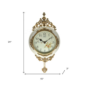 HomeRoots 15" Elegant Ivory and Gold Resin Silent Pendulum Wall Clock - Timeless Home Décor Accent Piece 626380