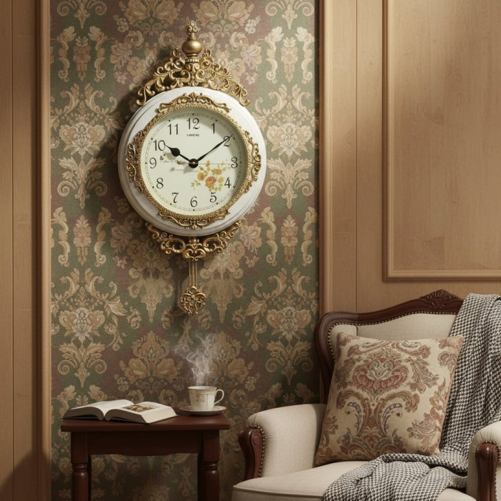 HomeRoots 15" Elegant Ivory and Gold Resin Silent Pendulum Wall Clock - Timeless Home Décor Accent Piece 626380