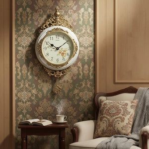 HomeRoots 15" Elegant Ivory and Gold Resin Silent Pendulum Wall Clock - Timeless Home Décor Accent Piece 626380