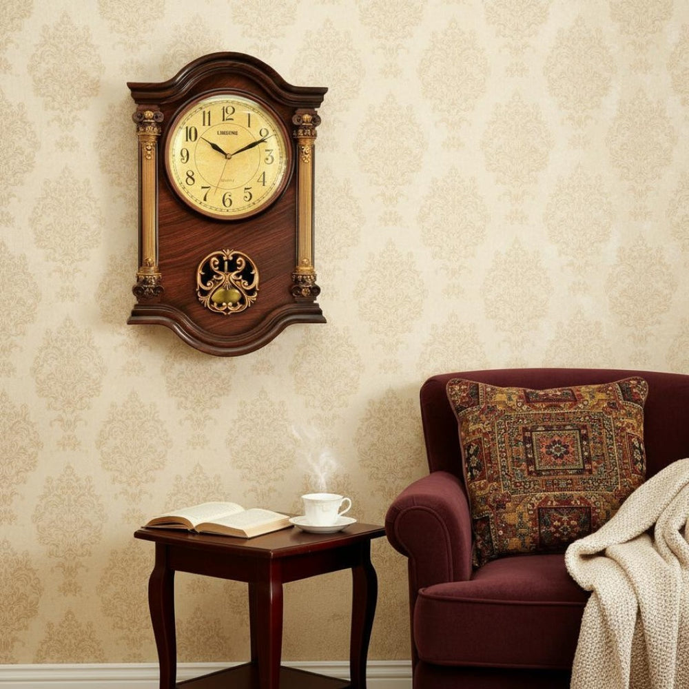 HomeRoots 16" Walnut And Gold Resin Silent Analog Wall Clock - Elegant, Decorative Timepiece for Any Room 626381