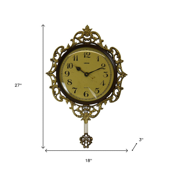 HomeRoots 18" Elegant Brown Gold & Black Resin Silent Pendulum Wall Clock for Timeless Home Décor Upgrade 626383