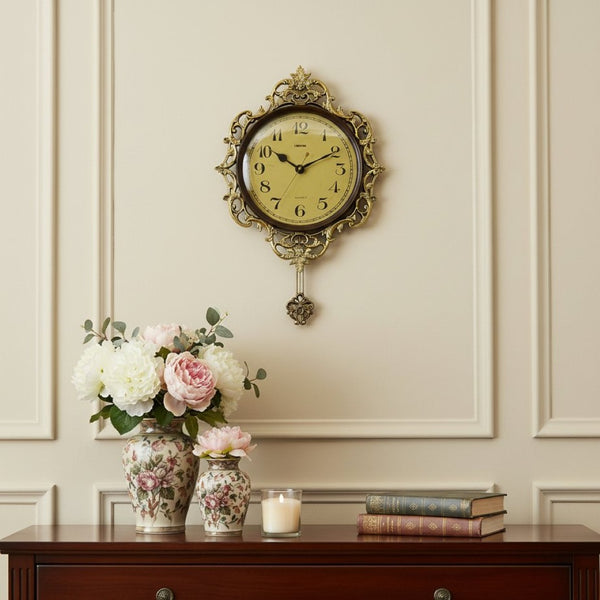 HomeRoots 18" Elegant Brown Gold & Black Resin Silent Pendulum Wall Clock for Timeless Home Décor Upgrade 626383