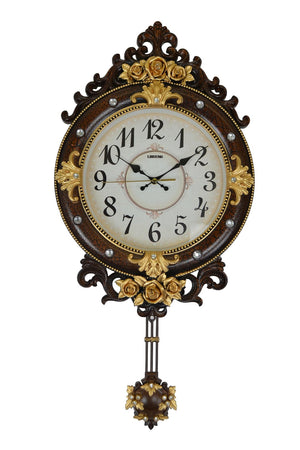 HomeRoots 13" Elegant Brown Gold & White Resin Silent Pendulum Oval Wall Clock for Timeless Home Decor 626384