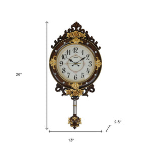 HomeRoots 13" Elegant Brown Gold & White Resin Silent Pendulum Oval Wall Clock for Timeless Home Decor 626384