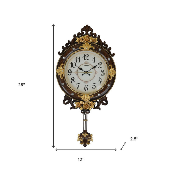 HomeRoots 13" Elegant Brown Gold & White Resin Silent Pendulum Oval Wall Clock for Timeless Home Decor 626384