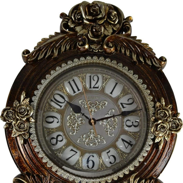 HomeRoots 16" Brown and Silver Resin Wall Clock - Elegant Silent Pendulum with Ornate Floral Design for Home Decor 626385