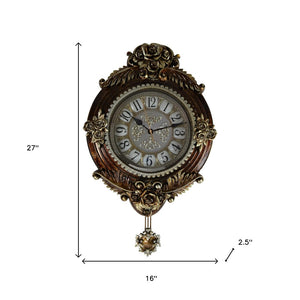 HomeRoots 16" Brown and Silver Resin Wall Clock - Elegant Silent Pendulum with Ornate Floral Design for Home Decor 626385