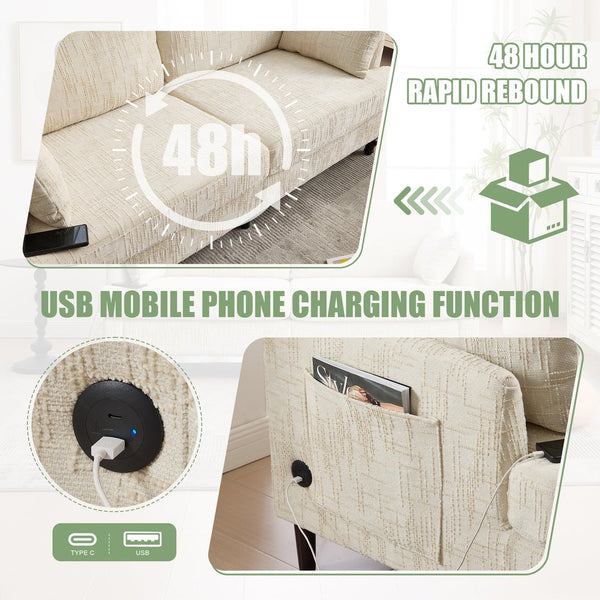 English Elm Modern chenille 2-seater sofa with LED, USB charging, storage pocket, solid wood legs, durable comfort Beige W395P318540