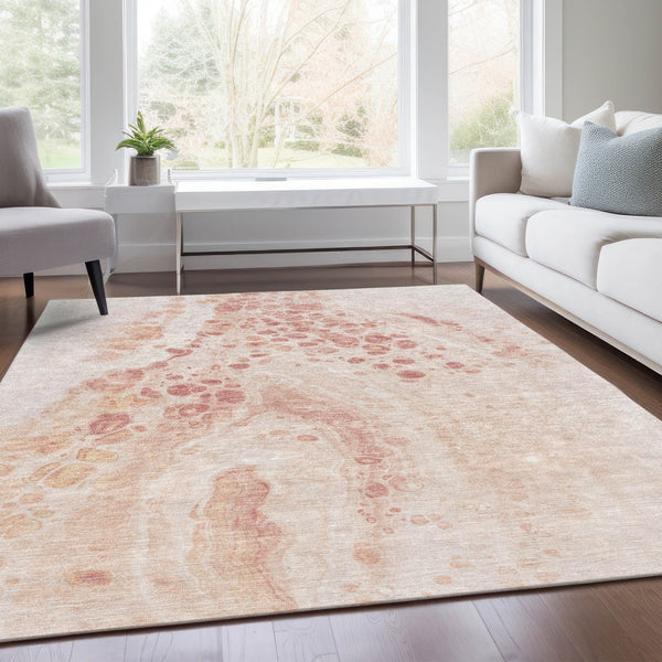 HomeRoots 5' Salmon and Ivory Abstract Washable Area Rug – Durable Indoor/Outdoor Design for Modern Spaces 5' X 8' 626417