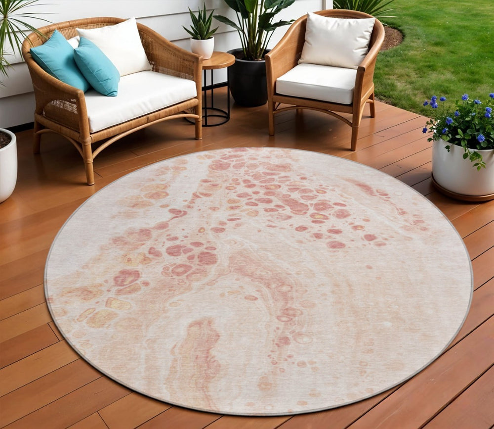 HomeRoots 5' Salmon and Ivory Abstract Washable Area Rug – Durable Indoor/Outdoor Design for Modern Spaces 8' Round 626418