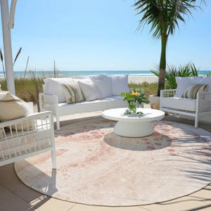 HomeRoots 5' Salmon and Ivory Abstract Washable Area Rug – Durable Indoor/Outdoor Design for Modern Spaces 8' Round 626418