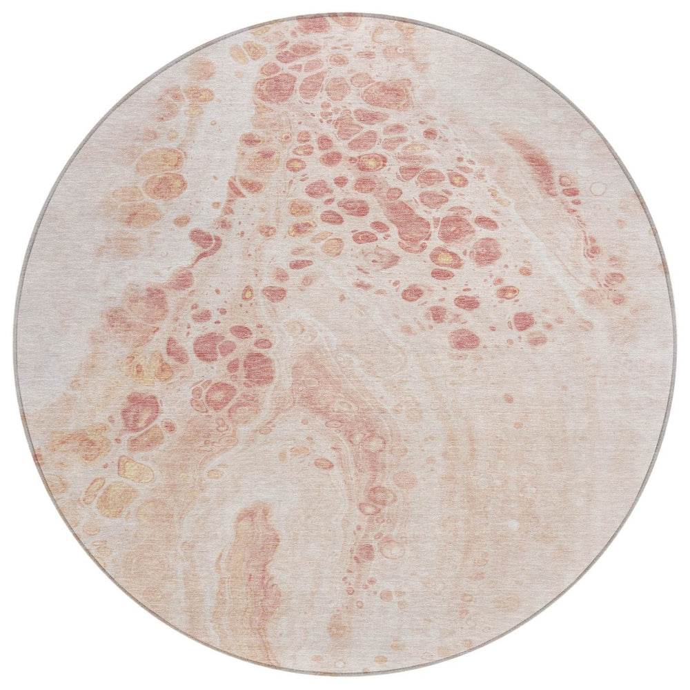 HomeRoots 5' Salmon and Ivory Abstract Washable Area Rug – Durable Indoor/Outdoor Design for Modern Spaces 8' Round 626418