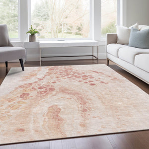 HomeRoots 5' Salmon and Ivory Abstract Washable Area Rug – Durable Indoor/Outdoor Design for Modern Spaces 8' X 10' 626419