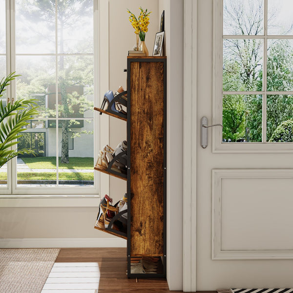 English Elm Shoe Cabinet Slim 3-Flip Drawers with Top Drawer and Metal Handles, Rustic Brown Entryway Organizer W2948P245242