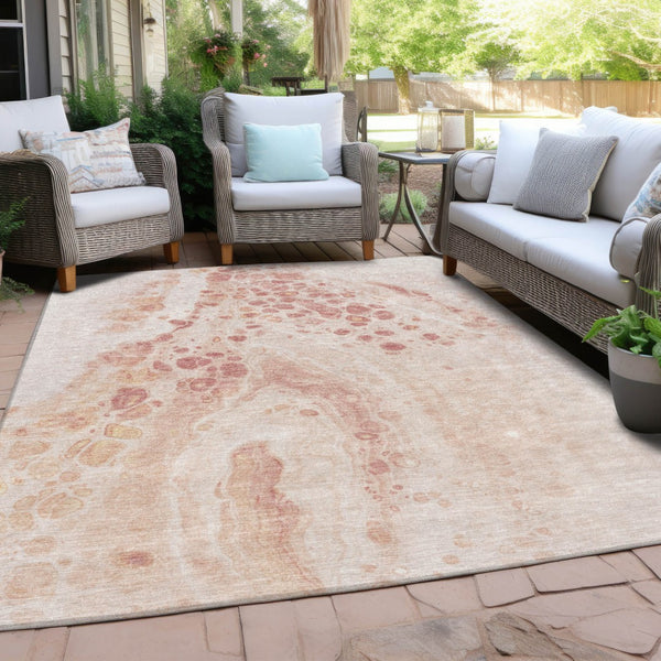 HomeRoots 5' Salmon and Ivory Abstract Washable Area Rug – Durable Indoor/Outdoor Design for Modern Spaces 10' X 14' 626421