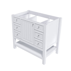 English Elm 36-inch white bathroom vanity without sink — solid wood frame, 1 cabinet, 3 drawers, quiet hardware, shelf W509P347341