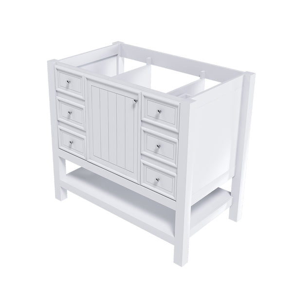 English Elm 36-inch white bathroom vanity without sink — solid wood frame, 1 cabinet, 3 drawers, quiet hardware, shelf W509P347341