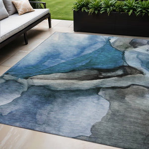 HomeRoots 5' Blue and Gray Abstract Area Rug - Stylish, Washable, Indoor/Outdoor Durable Design for High Traffic Spaces 5' X 8' 626465