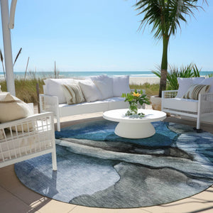 HomeRoots 5' Blue and Gray Abstract Area Rug - Stylish, Washable, Indoor/Outdoor Durable Design for High Traffic Spaces 8' Round 626466