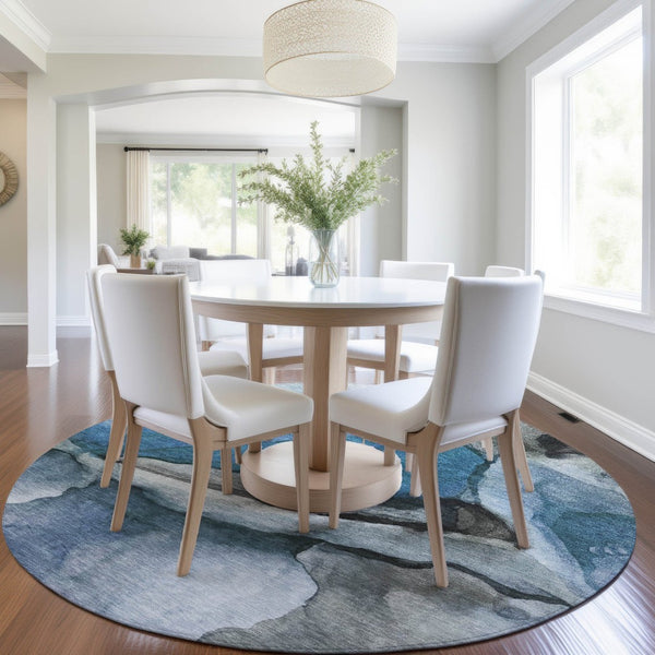 HomeRoots 5' Blue and Gray Abstract Area Rug - Stylish, Washable, Indoor/Outdoor Durable Design for High Traffic Spaces 8' Round 626466