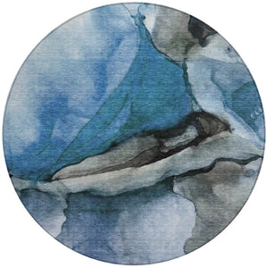 HomeRoots 5' Blue and Gray Abstract Area Rug - Stylish, Washable, Indoor/Outdoor Durable Design for High Traffic Spaces 8' Round 626466