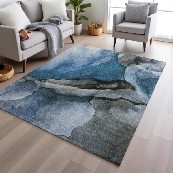 HomeRoots 5' Blue and Gray Abstract Area Rug - Stylish, Washable, Indoor/Outdoor Durable Design for High Traffic Spaces 9' X 12' 626468
