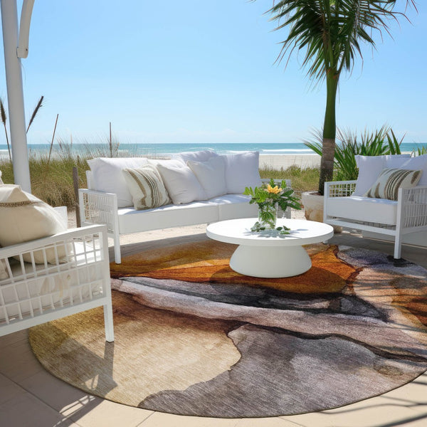 HomeRoots 5' Abstract Rust and Gray Washable Area Rug for Indoor and Outdoor Spaces - Stylish and Durable Design 8' Round 626478