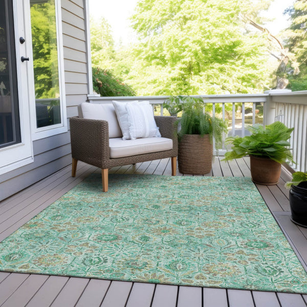 HomeRoots 5' Aqua and Beige Floral Area Rug – Durable, Washable Indoor Outdoor Design for High-Traffic Spaces 5' X 8' 626489