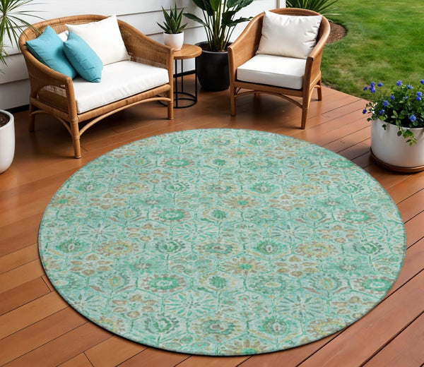 HomeRoots 5' Aqua and Beige Floral Area Rug – Durable, Washable Indoor Outdoor Design for High-Traffic Spaces 8' Round 626490