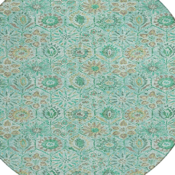 HomeRoots 5' Aqua and Beige Floral Area Rug – Durable, Washable Indoor Outdoor Design for High-Traffic Spaces 8' Round 626490
