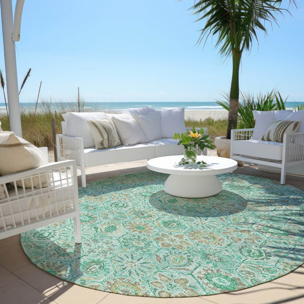 HomeRoots 5' Aqua and Beige Floral Area Rug – Durable, Washable Indoor Outdoor Design for High-Traffic Spaces 8' Round 626490