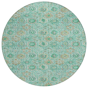HomeRoots 5' Aqua and Beige Floral Area Rug – Durable, Washable Indoor Outdoor Design for High-Traffic Spaces 8' Round 626490