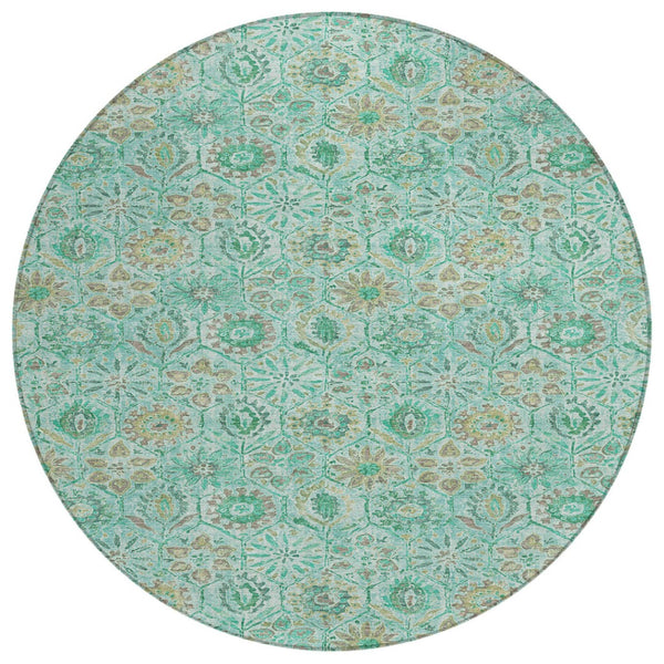 HomeRoots 5' Aqua and Beige Floral Area Rug – Durable, Washable Indoor Outdoor Design for High-Traffic Spaces 8' Round 626490