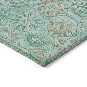 HomeRoots 5' Aqua and Beige Floral Area Rug – Durable, Washable Indoor Outdoor Design for High-Traffic Spaces 8' Round 626490