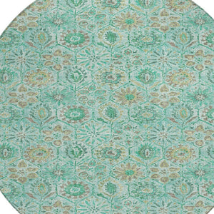 HomeRoots 5' Aqua and Beige Floral Area Rug – Durable, Washable Indoor Outdoor Design for High-Traffic Spaces 8' Round 626490