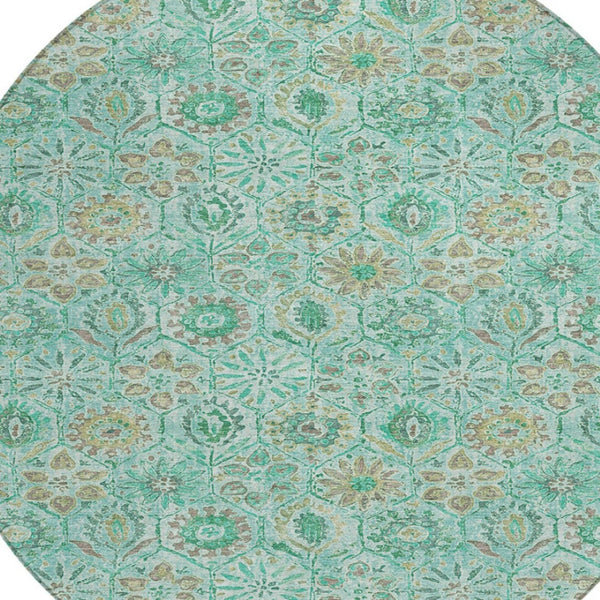 HomeRoots 5' Aqua and Beige Floral Area Rug – Durable, Washable Indoor Outdoor Design for High-Traffic Spaces 8' Round 626490
