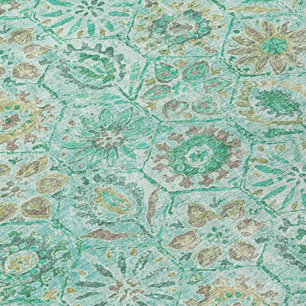 HomeRoots 5' Aqua and Beige Floral Area Rug – Durable, Washable Indoor Outdoor Design for High-Traffic Spaces 8' Round 626490