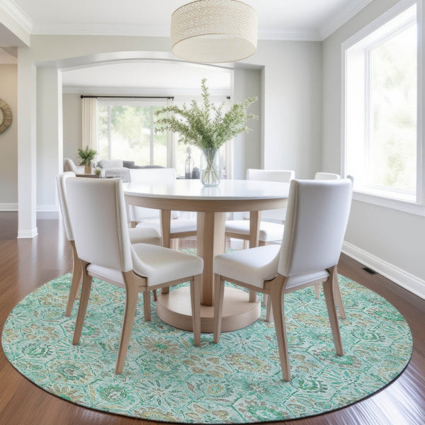 HomeRoots 5' Aqua and Beige Floral Area Rug – Durable, Washable Indoor Outdoor Design for High-Traffic Spaces 8' Round 626490