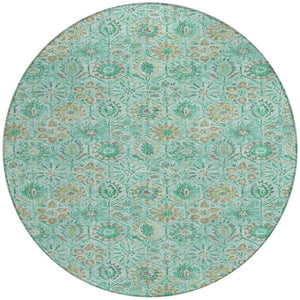 HomeRoots 5' Aqua and Beige Floral Area Rug – Durable, Washable Indoor Outdoor Design for High-Traffic Spaces 8' Round 626490