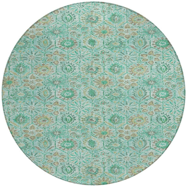 HomeRoots 5' Aqua and Beige Floral Area Rug – Durable, Washable Indoor Outdoor Design for High-Traffic Spaces 8' Round 626490