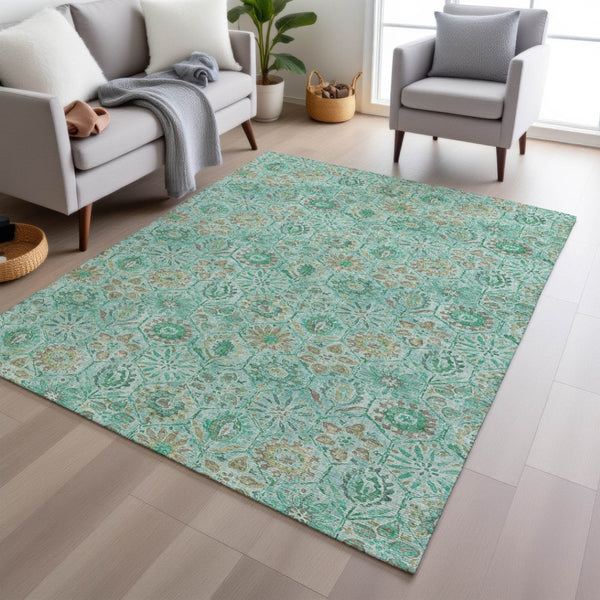 HomeRoots 5' Aqua and Beige Floral Area Rug – Durable, Washable Indoor Outdoor Design for High-Traffic Spaces 8' X 10' 626491
