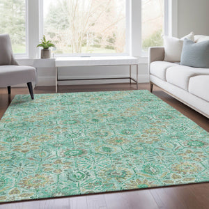 HomeRoots 5' Aqua and Beige Floral Area Rug – Durable, Washable Indoor Outdoor Design for High-Traffic Spaces 8' X 10' 626491